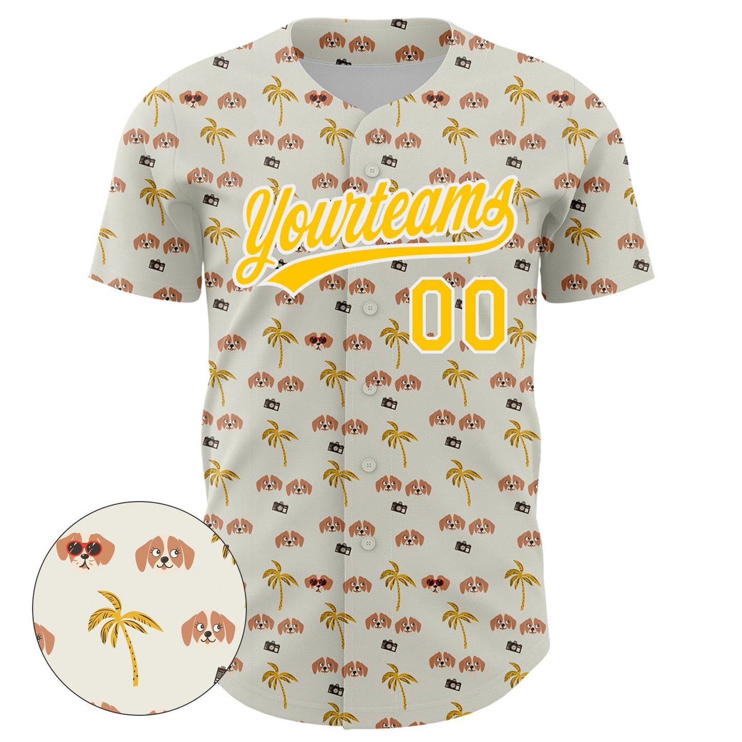 Custom White Yellow 3D Pattern Design Animal Dog And Hawaii Palm Trees Authentic Baseball Jersey view 2