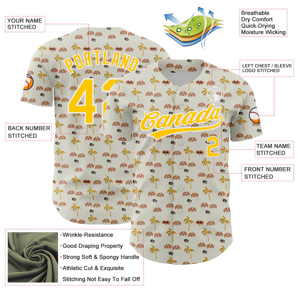 Custom White Yellow 3D Pattern Design Animal Dog And Hawaii Palm Trees Authentic Baseball Jersey view 3