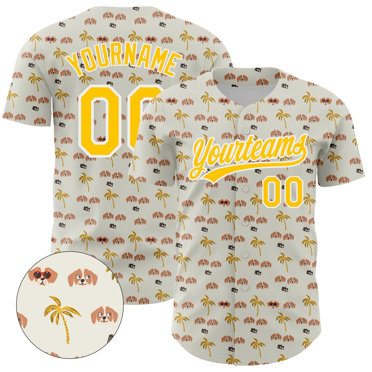 Custom White Yellow 3D Pattern Design Animal Dog And Hawaii Palm Trees Authentic Baseball Jersey - Main View