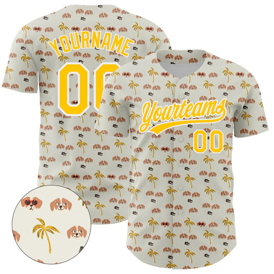 Custom White Yellow 3D Pattern Design Animal Dog And Hawaii Palm Trees Authentic Baseball Jersey - Main View