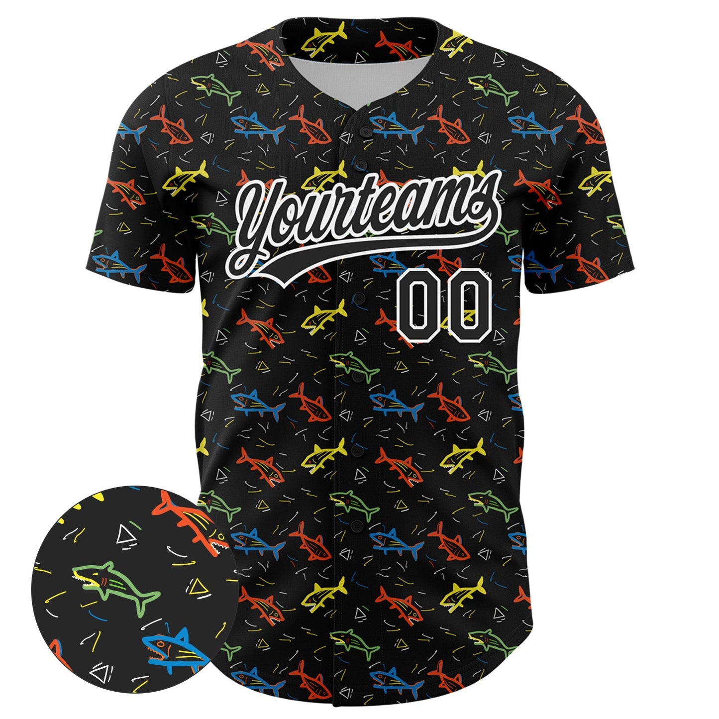 Custom Black White 3D Pattern Design Animal Fish Authentic Baseball Jersey view 2