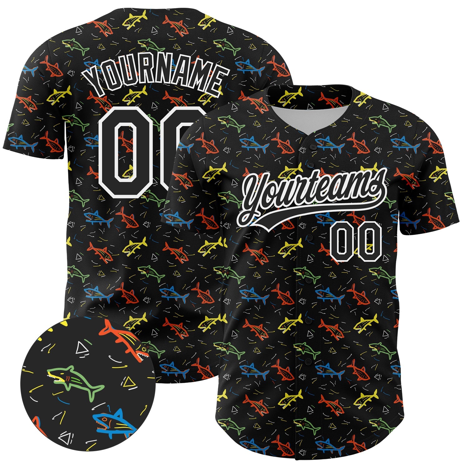 Custom Black White 3D Pattern Design Animal Fish Authentic Baseball Jersey - Main View