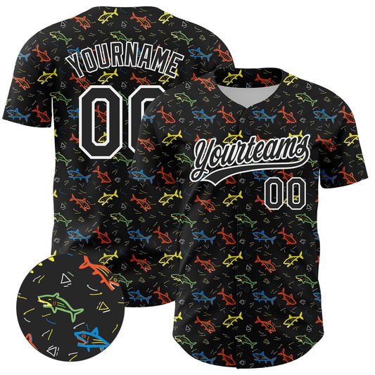 Custom Black White 3D Pattern Design Animal Fish Authentic Baseball Jersey - Main View