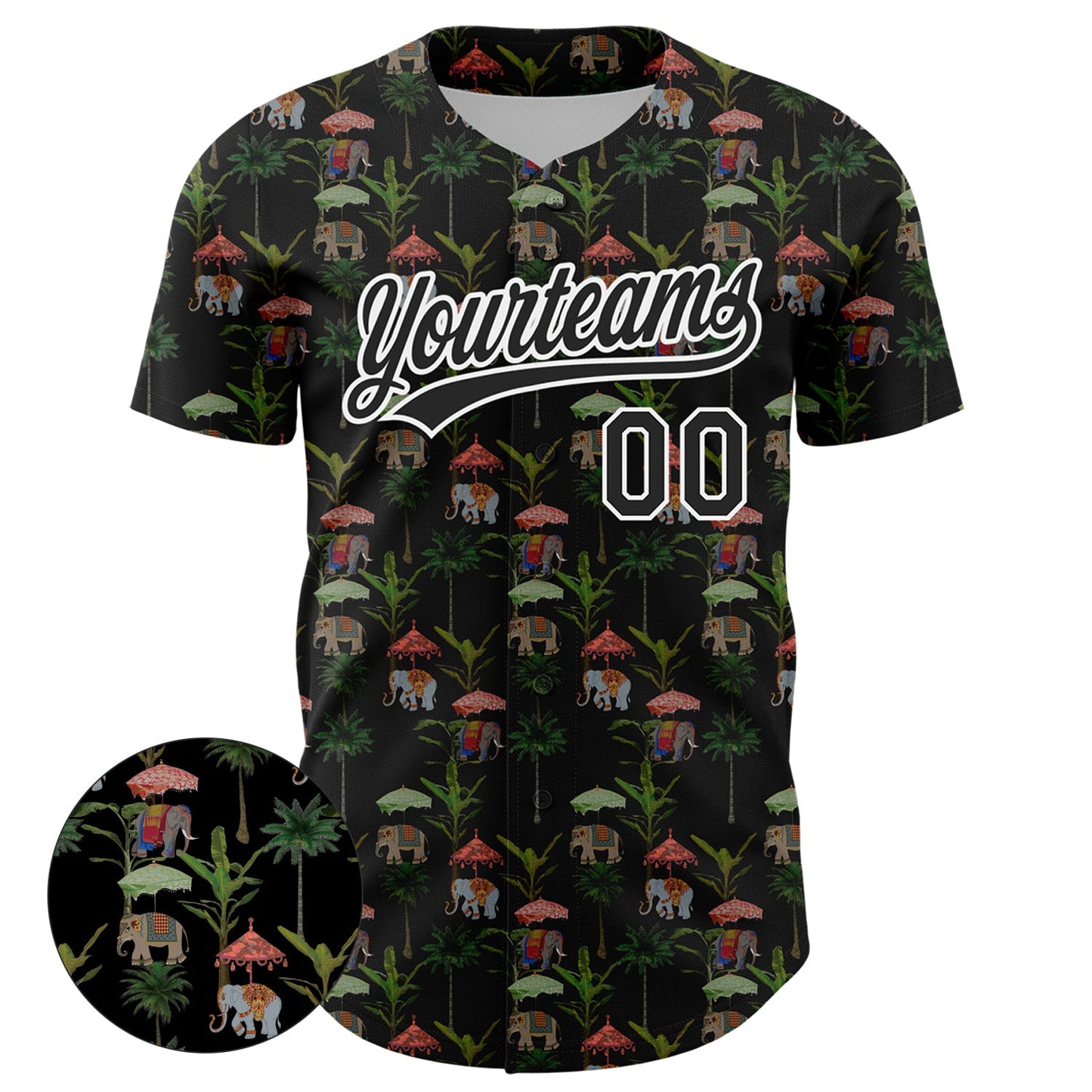 Custom Black White 3D Pattern Design Animal Elephant And Hawaii Palm Trees Authentic Baseball Jersey view 2