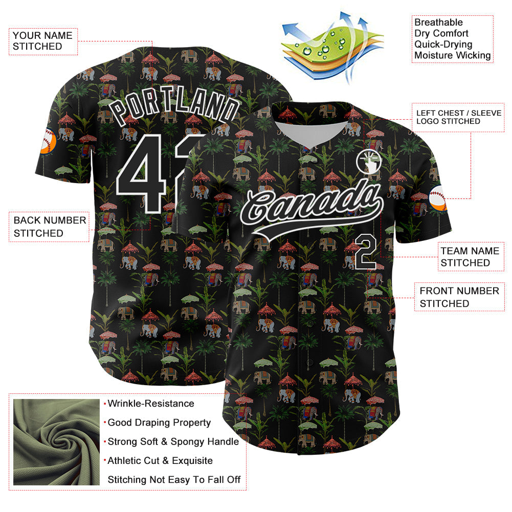 Custom Black White 3D Pattern Design Animal Elephant And Hawaii Palm Trees Authentic Baseball Jersey view 3