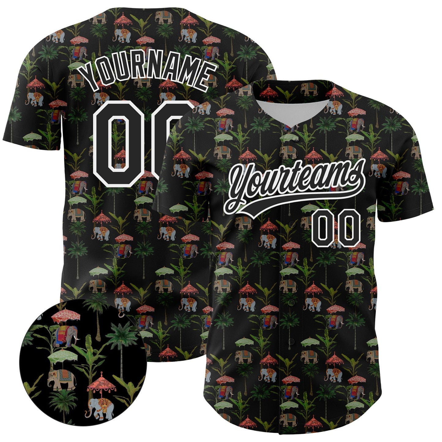Custom Black White 3D Pattern Design Animal Elephant And Hawaii Palm Trees Authentic Baseball Jersey - Main View