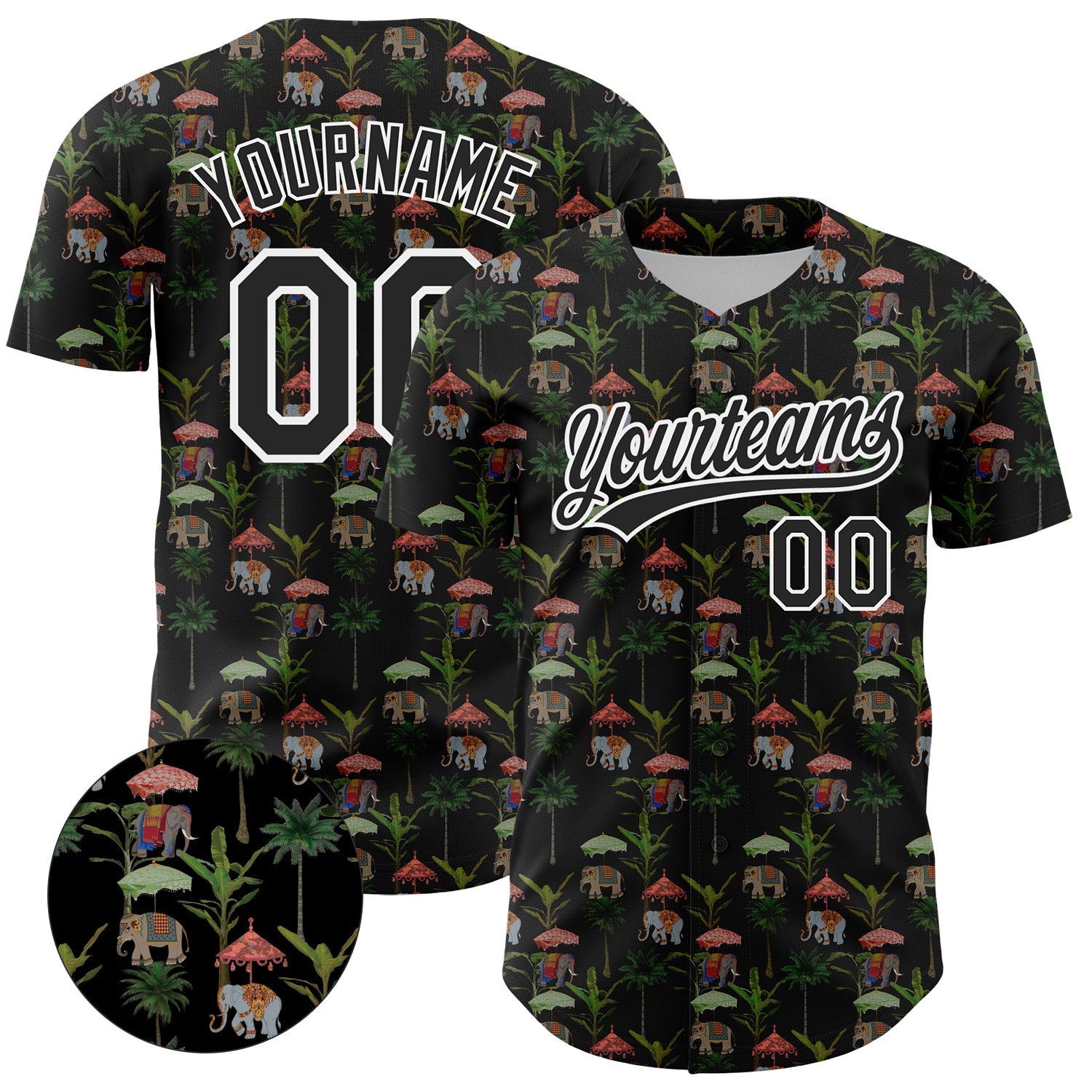 Custom Black White 3D Pattern Design Animal Elephant And Hawaii Palm Trees Authentic Baseball Jersey - Main View