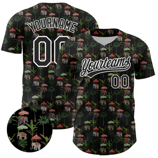 Custom Black White 3D Pattern Design Animal Elephant And Hawaii Palm Trees Authentic Baseball Jersey - Main View