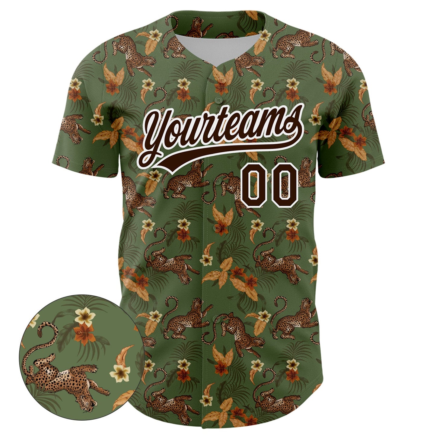 Custom Green Brown-White 3D Pattern Design Animal Leopard And Hawaii Palm Leaves Authentic Baseball Jersey view 2
