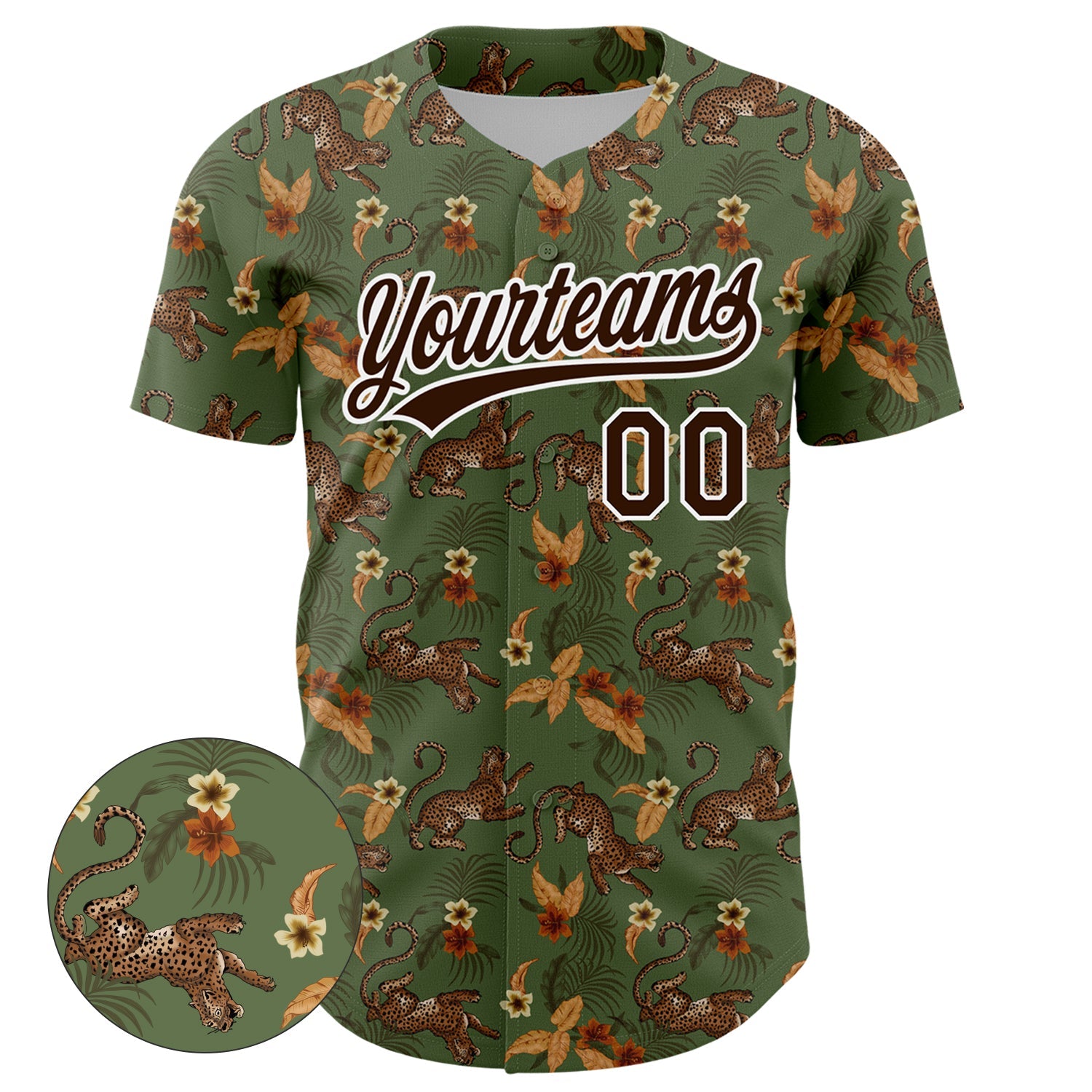 Custom Green Brown-White 3D Pattern Design Animal Leopard And Hawaii Palm Leaves Authentic Baseball Jersey view 2
