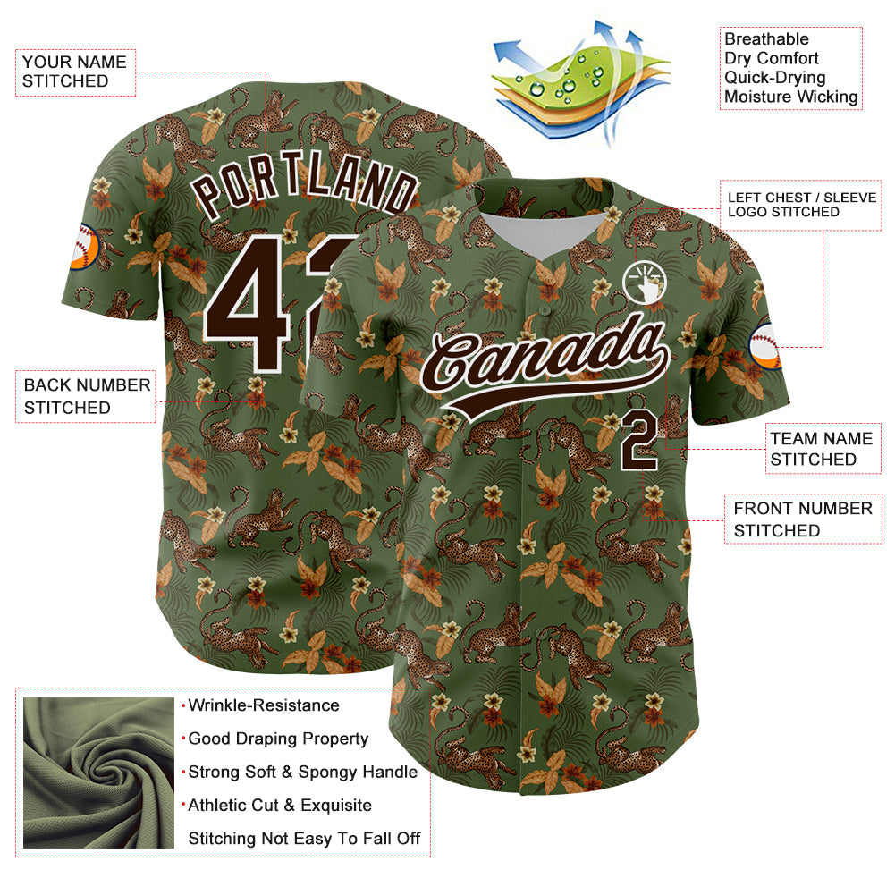 Custom Green Brown-White 3D Pattern Design Animal Leopard And Hawaii Palm Leaves Authentic Baseball Jersey view 3