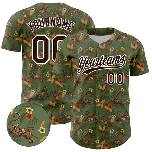Custom Green Brown-White 3D Pattern Design Animal Leopard And Hawaii Palm Leaves Authentic Baseball Jersey - Main View