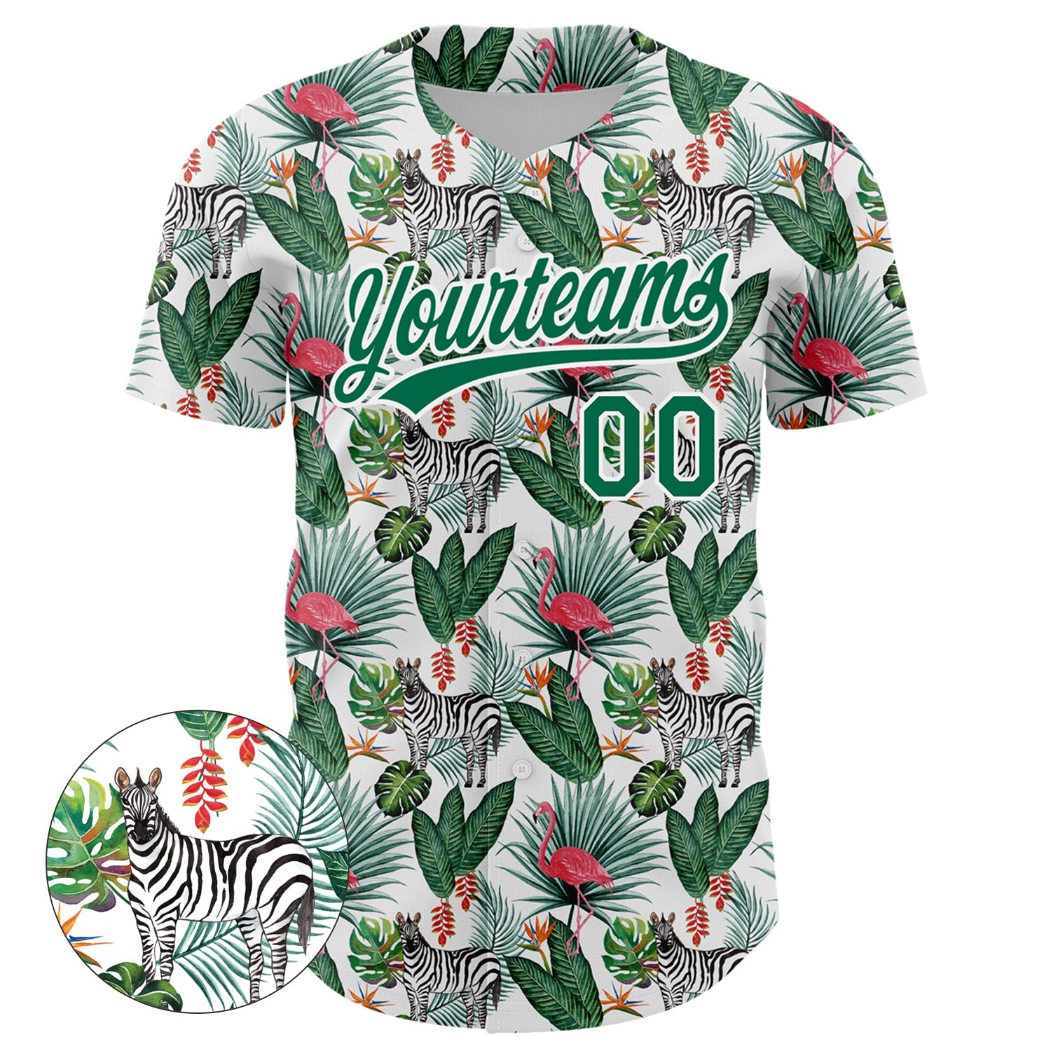 Custom White Kelly Green 3D Pattern Design Animal Zebra Flamingo And Hawaii Palm Leaves Authentic Baseball Jersey view 2