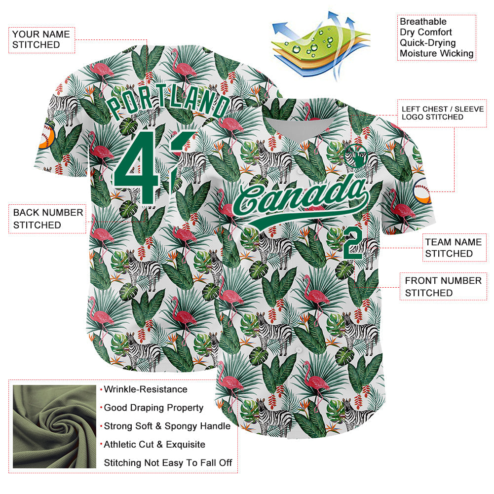 Custom White Kelly Green 3D Pattern Design Animal Zebra Flamingo And Hawaii Palm Leaves Authentic Baseball Jersey view 3