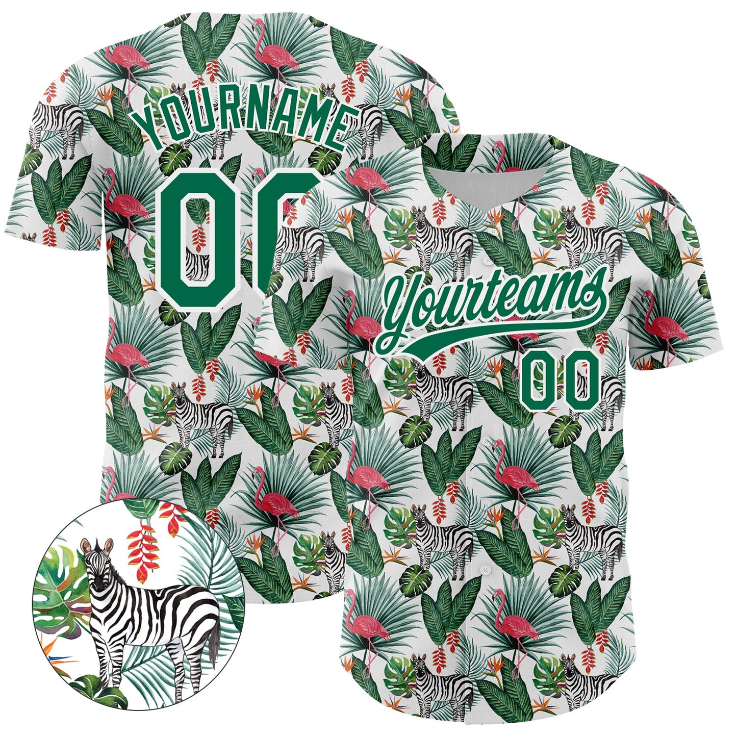 Custom White Kelly Green 3D Pattern Design Animal Zebra Flamingo And Hawaii Palm Leaves Authentic Baseball Jersey - Main View