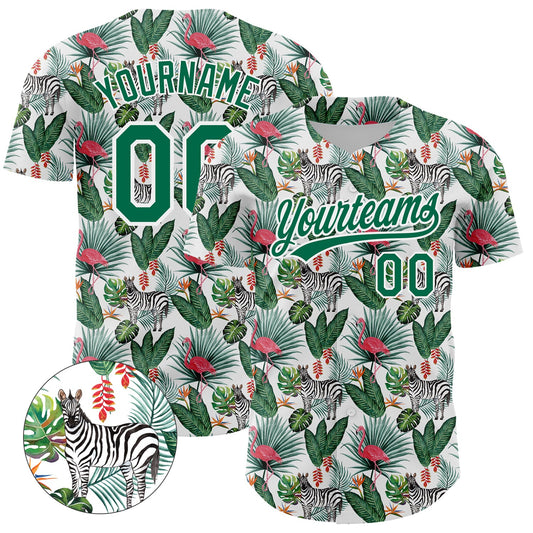 Custom White Kelly Green 3D Pattern Design Animal Zebra Flamingo And Hawaii Palm Leaves Authentic Baseball Jersey - Main View