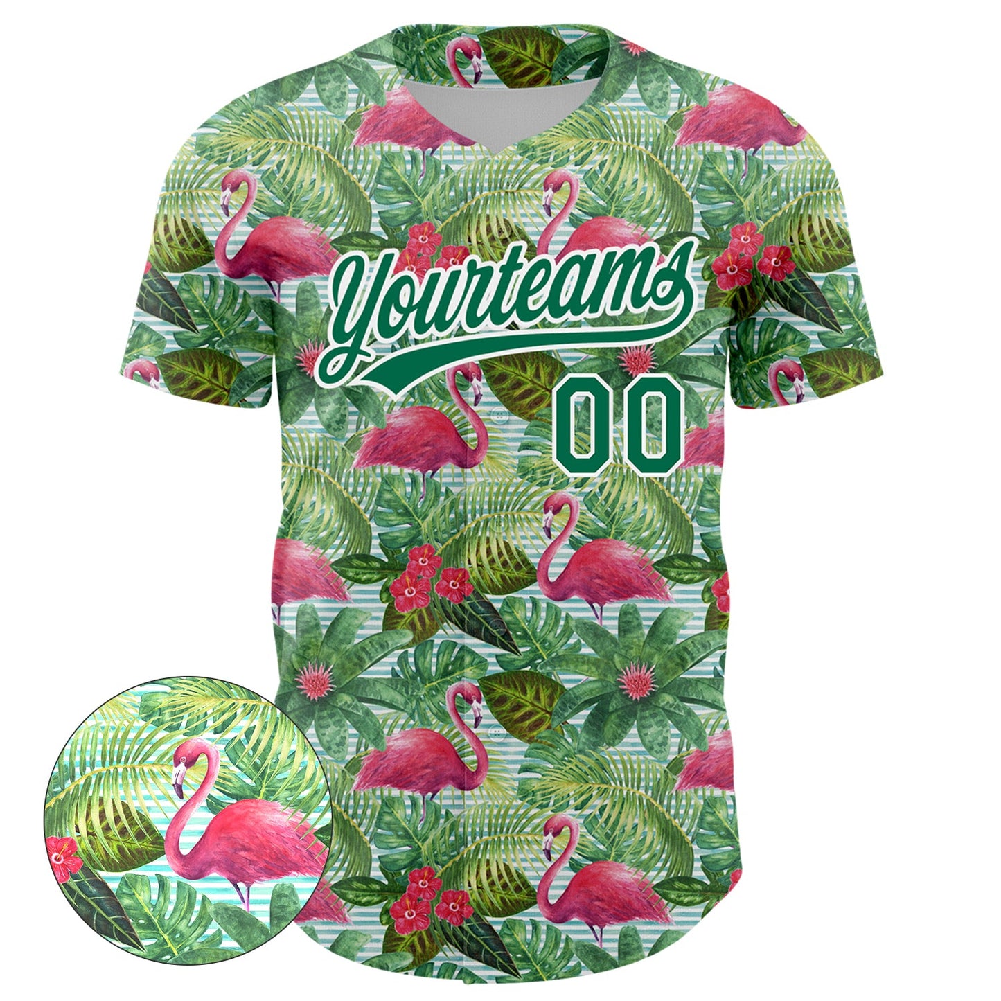 Custom White Kelly Green 3D Pattern Design Animal Flamingo And Hawaii Palm Leaves Authentic Baseball Jersey view 2