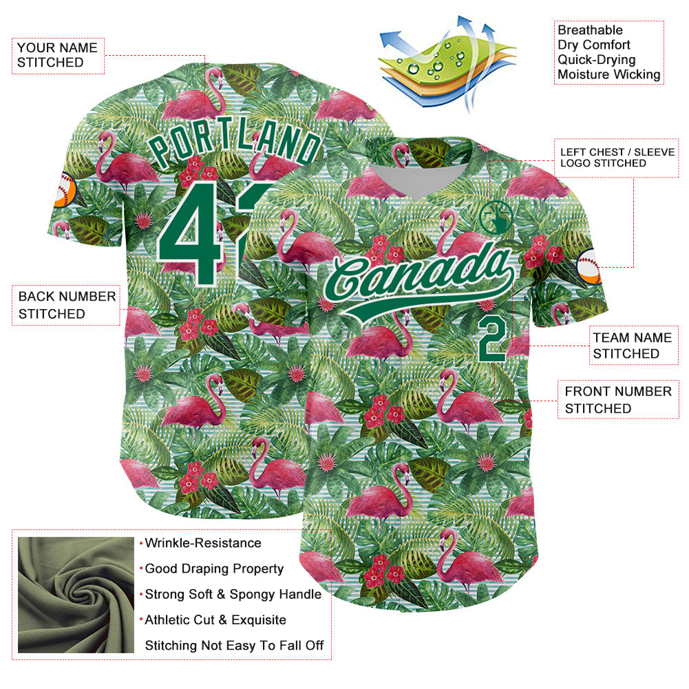 Custom White Kelly Green 3D Pattern Design Animal Flamingo And Hawaii Palm Leaves Authentic Baseball Jersey view 3