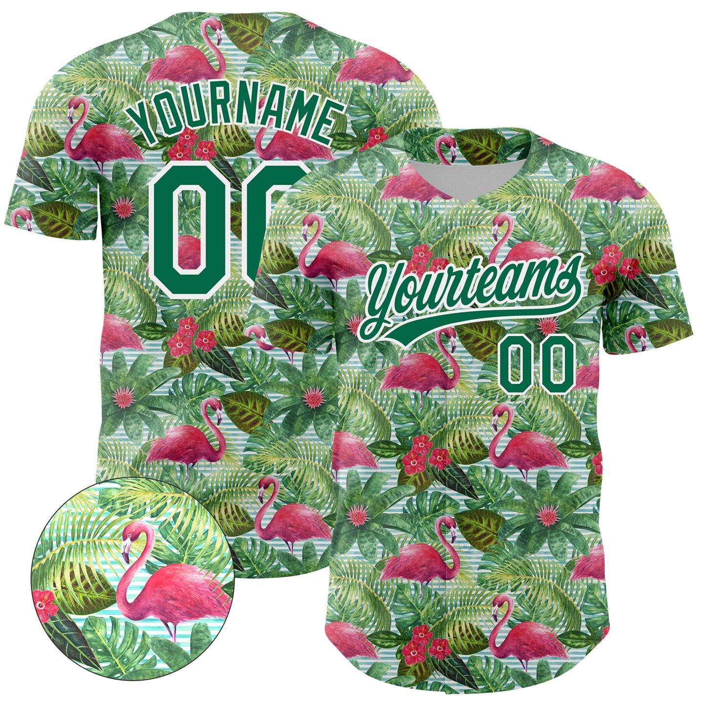 Custom White Kelly Green 3D Pattern Design Animal Flamingo And Hawaii Palm Leaves Authentic Baseball Jersey - Main View