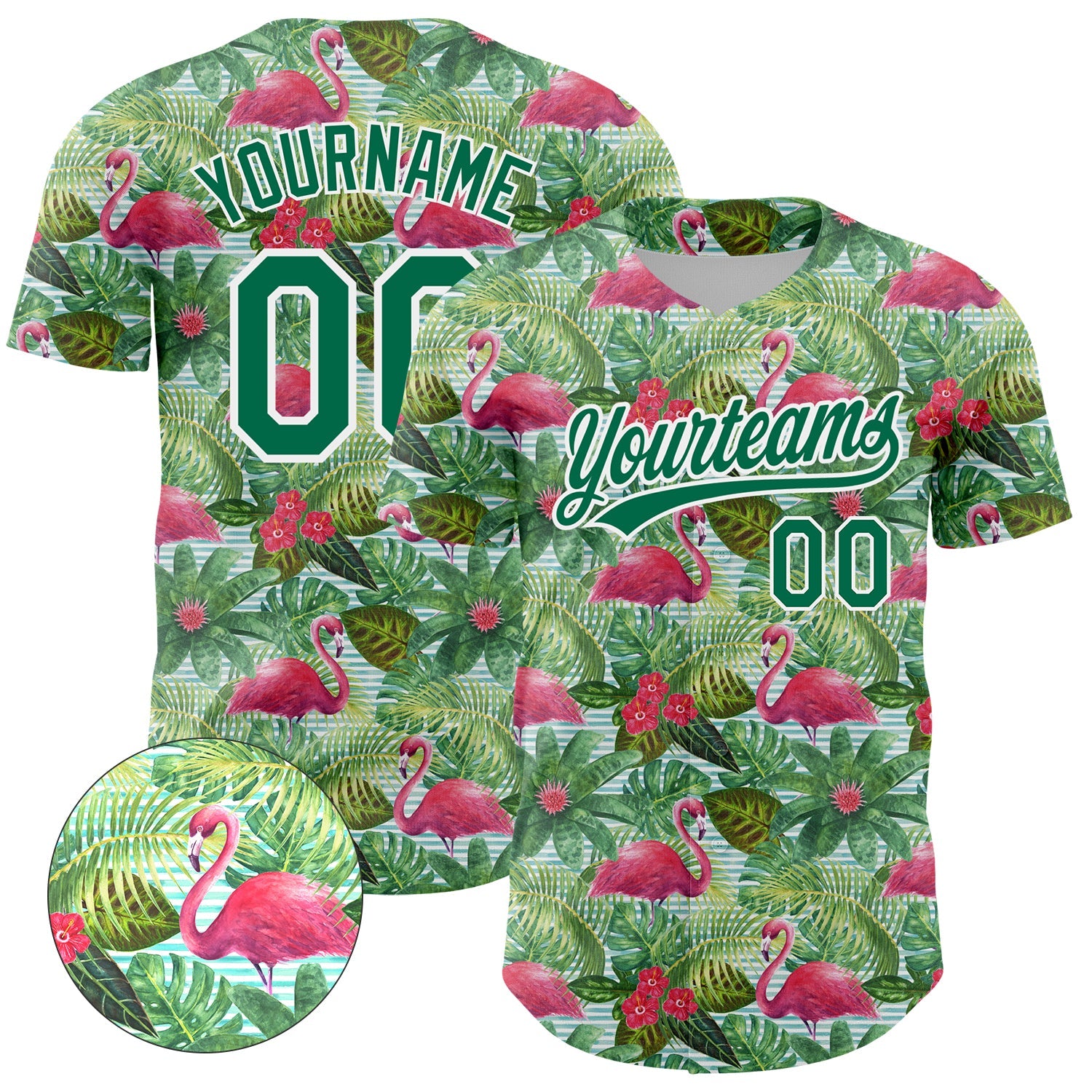 Custom White Kelly Green 3D Pattern Design Animal Flamingo And Hawaii Palm Leaves Authentic Baseball Jersey - Main View