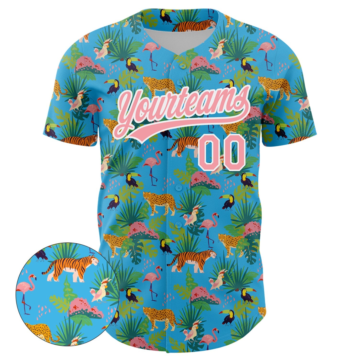 Custom Sky Blue Medium Pink-White 3D Pattern Design Animal Tiger Leopard Flamingo And Hawaii Palm Leaves Authentic Baseball Jersey view 2