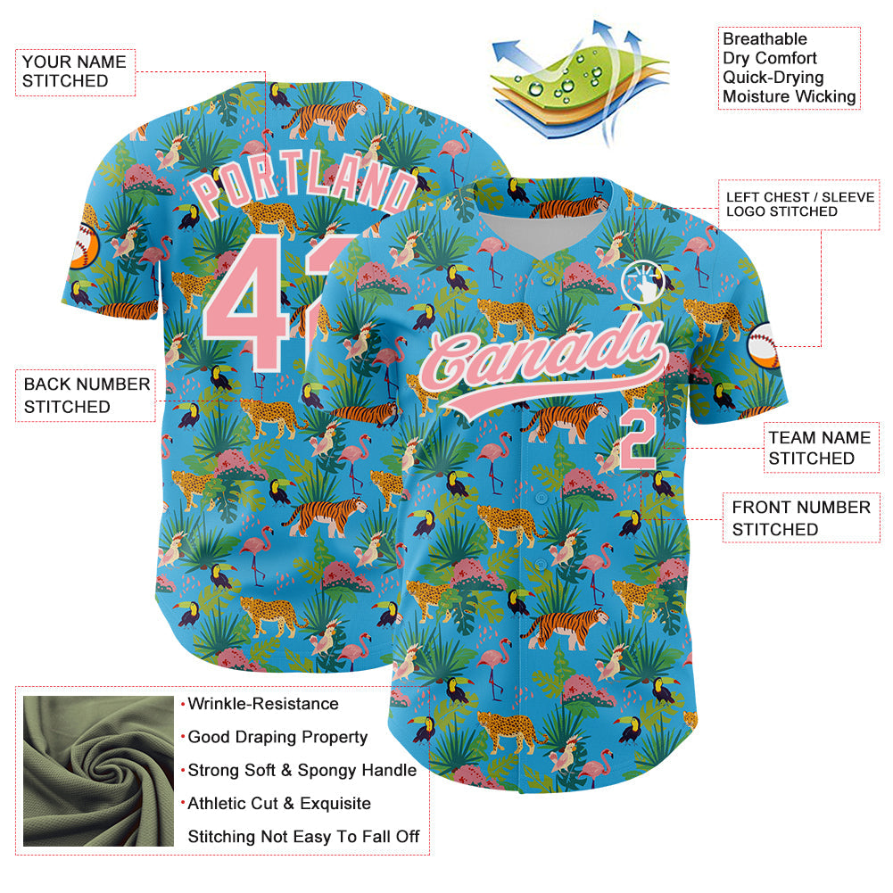 Custom Sky Blue Medium Pink-White 3D Pattern Design Animal Tiger Leopard Flamingo And Hawaii Palm Leaves Authentic Baseball Jersey view 3