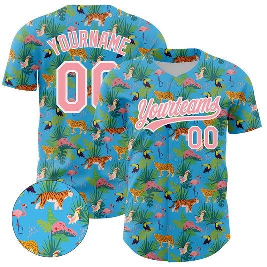 Custom Sky Blue Medium Pink-White 3D Pattern Design Animal Tiger Leopard Flamingo And Hawaii Palm Leaves Authentic Baseball Jersey - Main View