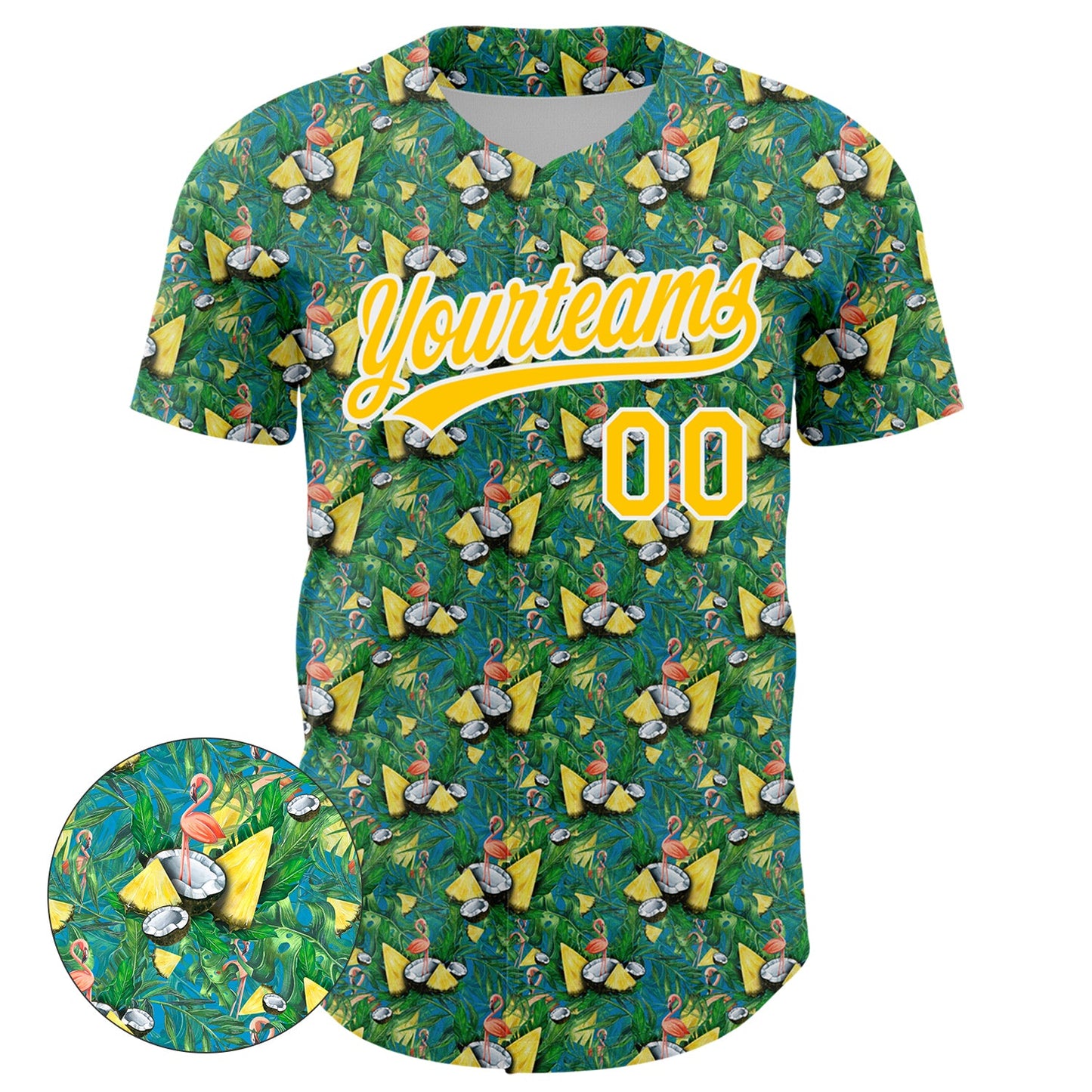 Custom Green White-Yellow 3D Pattern Design Animal Flamingo And Hawaii Palm Leaves Authentic Baseball Jersey view 2