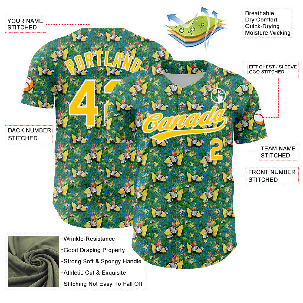 Custom Green White-Yellow 3D Pattern Design Animal Flamingo And Hawaii Palm Leaves Authentic Baseball Jersey view 3
