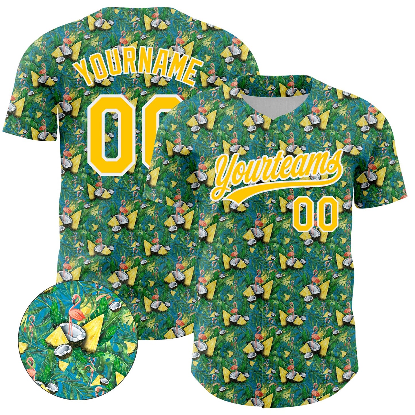 Custom Green White-Yellow 3D Pattern Design Animal Flamingo And Hawaii Palm Leaves Authentic Baseball Jersey - Main View