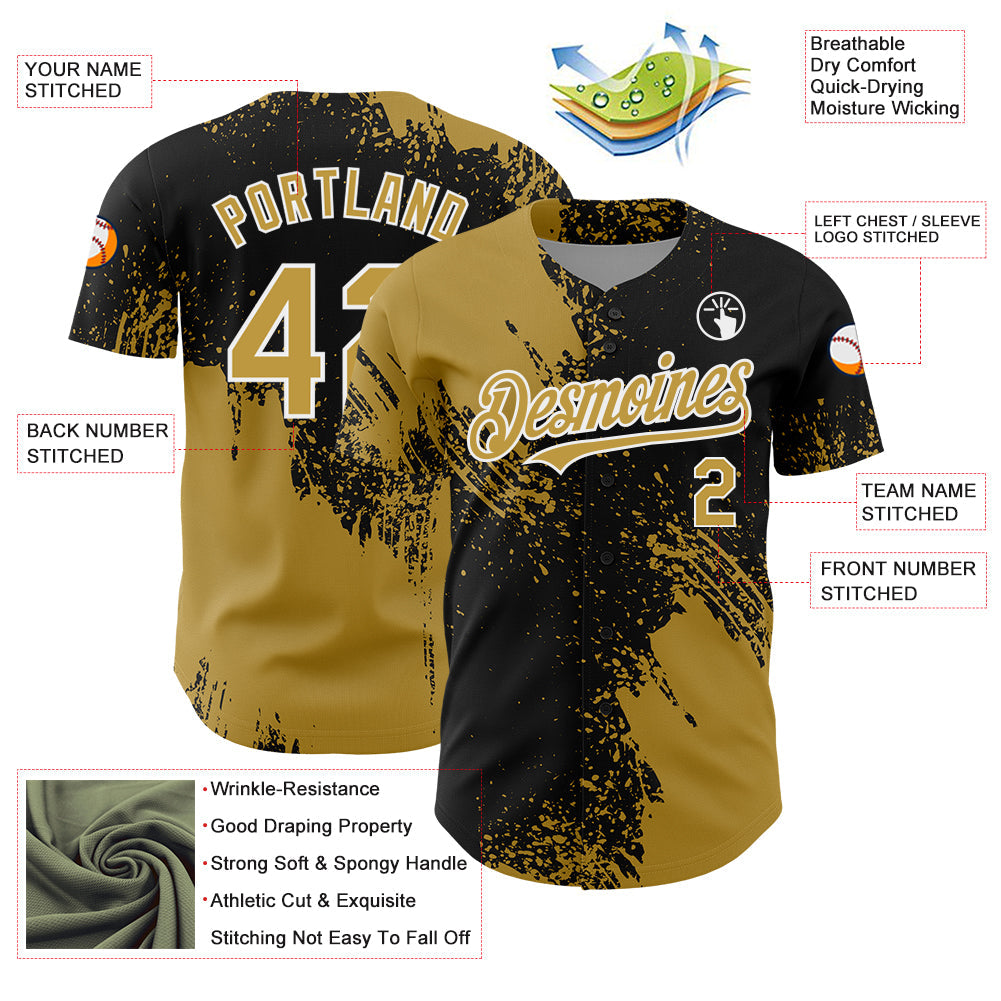Custom Old Gold Black-White 3D Pattern Design Abstract Brush Stroke Authentic Baseball Jersey view 4
