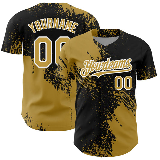 Custom Old Gold Black-White 3D Pattern Design Abstract Brush Stroke Authentic Baseball Jersey - Main View