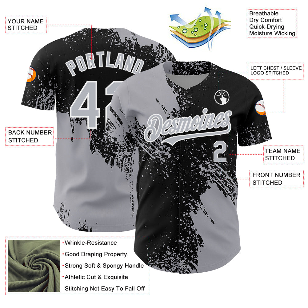 Custom Gray Black-White 3D Pattern Design Abstract Brush Stroke Authentic Baseball Jersey view 3