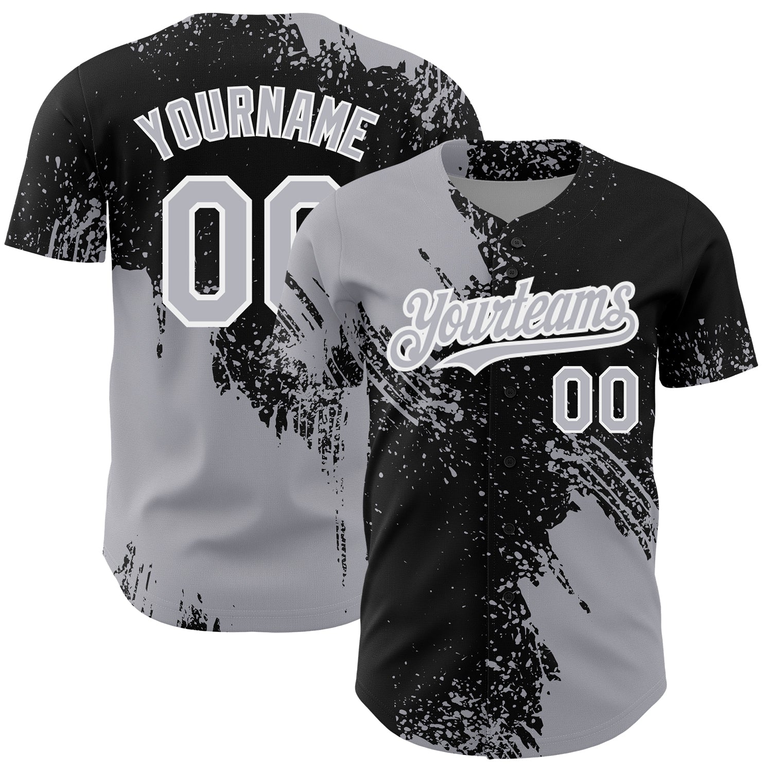 Custom Gray Black-White 3D Pattern Design Abstract Brush Stroke Authentic Baseball Jersey - Main View
