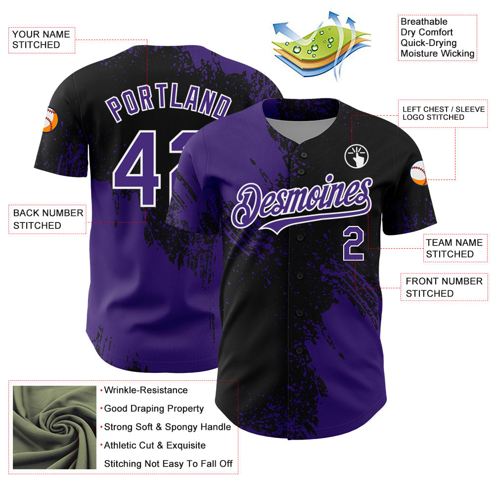 Custom Purple Black-White 3D Pattern Design Abstract Brush Stroke Authentic Baseball Jersey view 3