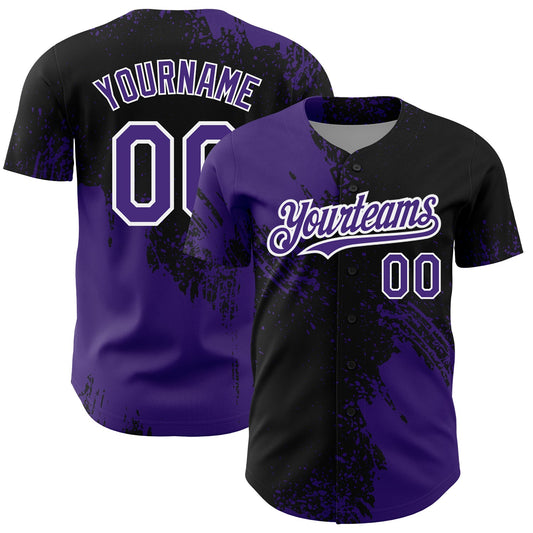 Custom Purple Black-White 3D Pattern Design Abstract Brush Stroke Authentic Baseball Jersey - Main View