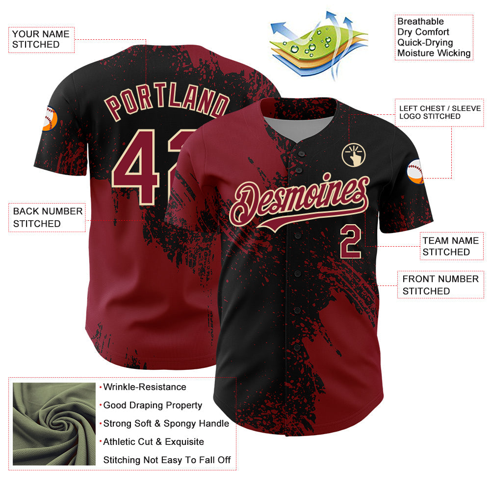 Custom Crimson Black-Cream 3D Pattern Design Abstract Brush Stroke Authentic Baseball Jersey view 4