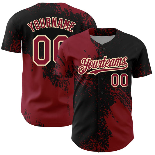 Custom Crimson Black-Cream 3D Pattern Design Abstract Brush Stroke Authentic Baseball Jersey - Main View