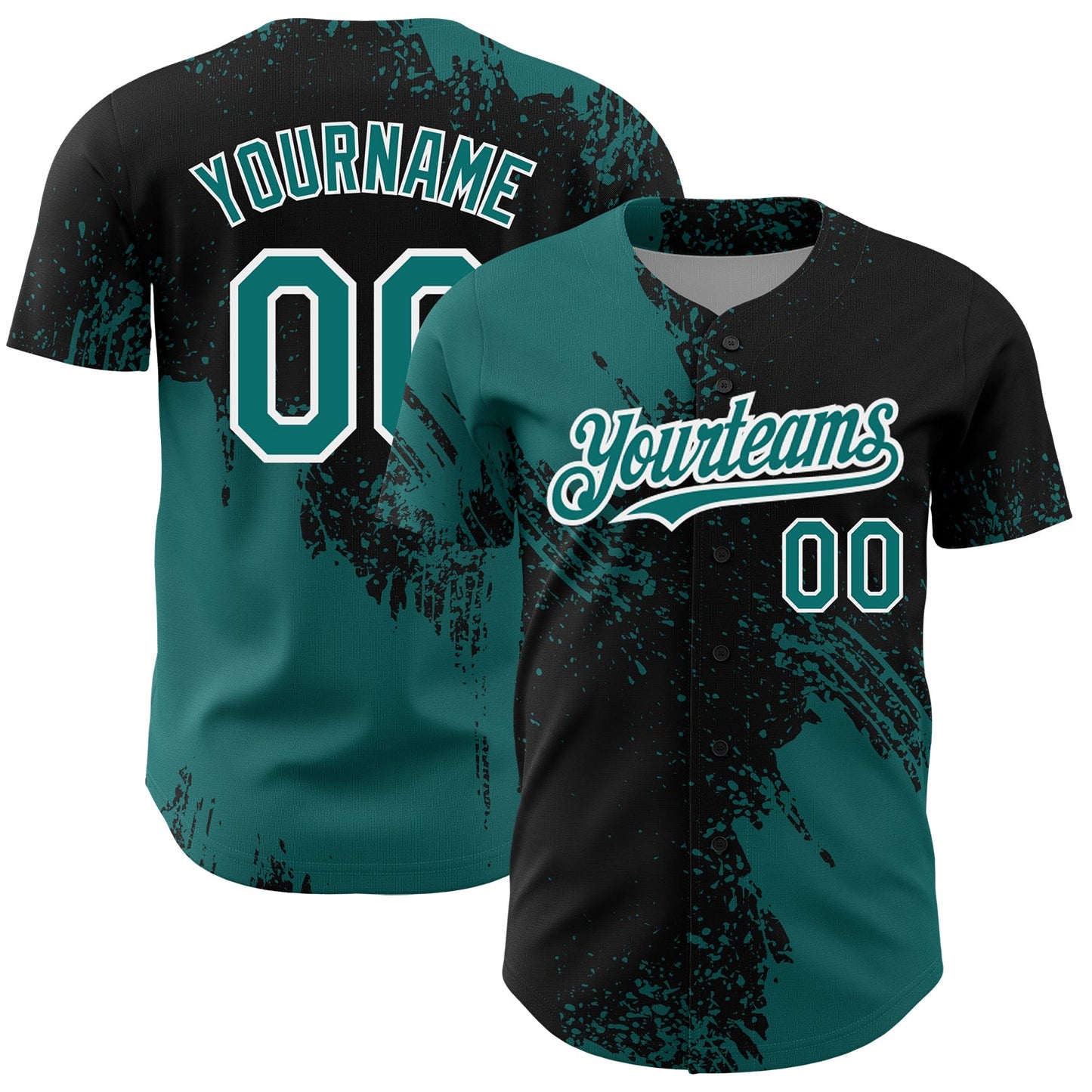 Custom Teal Black-White 3D Pattern Design Abstract Brush Stroke Authentic Baseball Jersey - Main View
