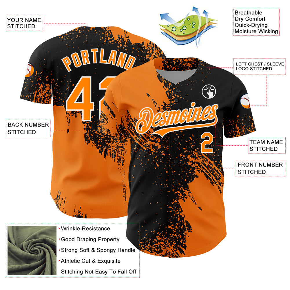 Custom Bay Orange Black-White 3D Pattern Design Abstract Brush Stroke Authentic Baseball Jersey view 3