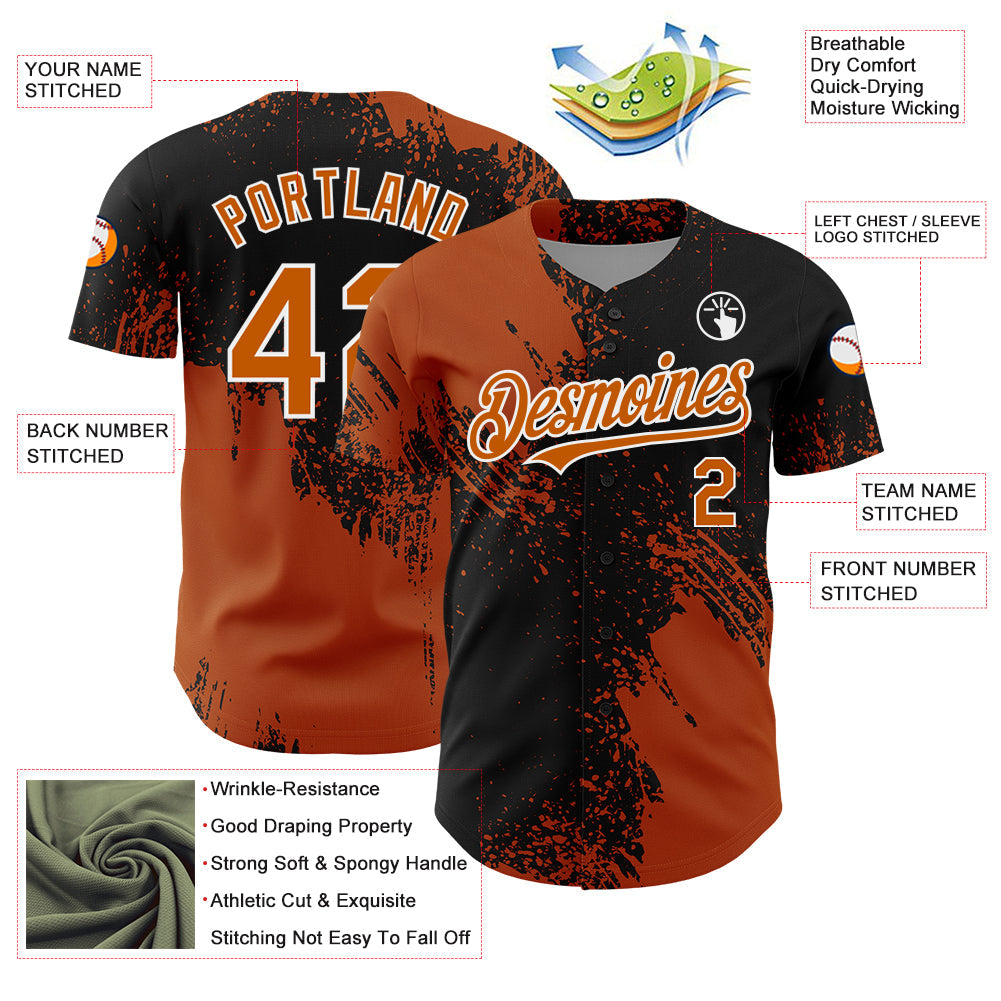 Custom Texas Orange Black-White 3D Pattern Design Abstract Brush Stroke Authentic Baseball Jersey view 3