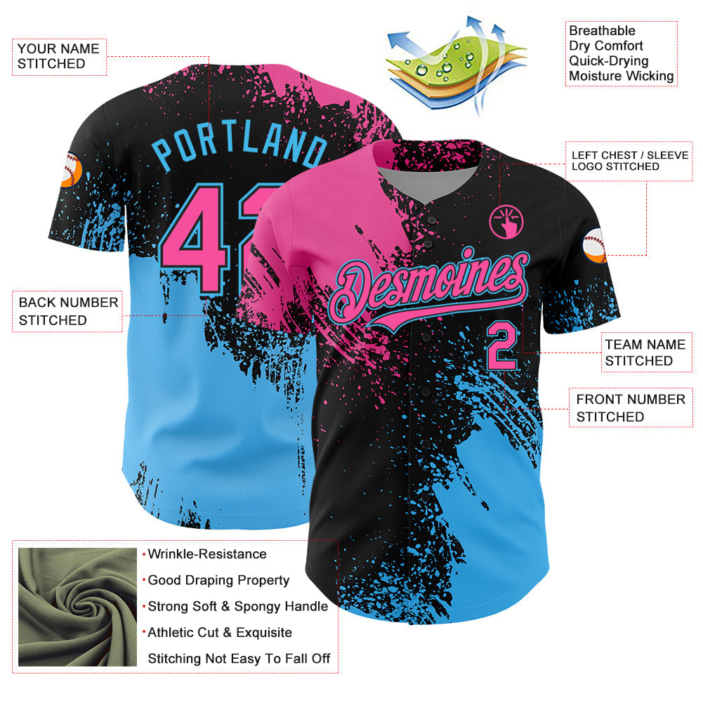 Custom Pink Black-Sky Blue 3D Pattern Design Abstract Brush Stroke Authentic Baseball Jersey view 3