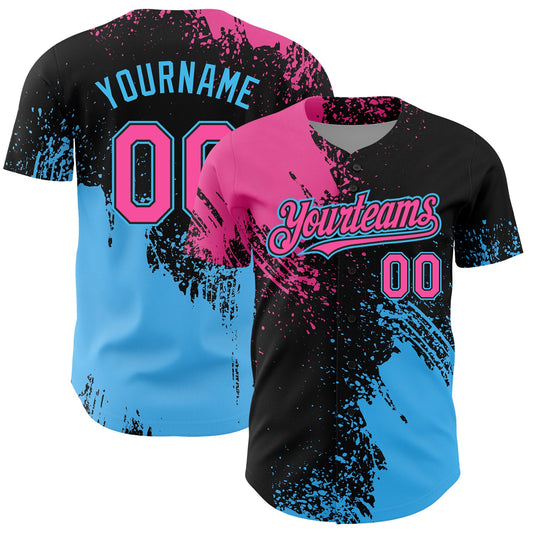 Custom Pink Black-Sky Blue 3D Pattern Design Abstract Brush Stroke Authentic Baseball Jersey - Main View
