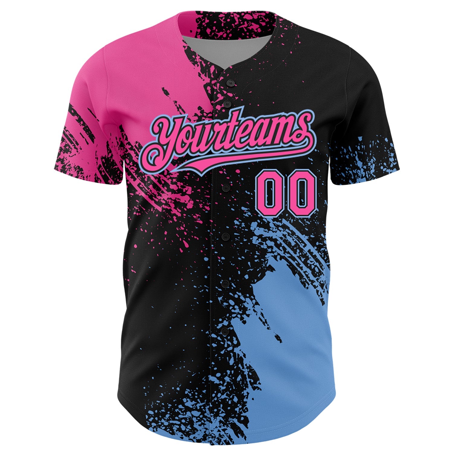 Custom Pink Black-Light Blue 3D Pattern Design Abstract Brush Stroke Authentic Baseball Jersey view 2