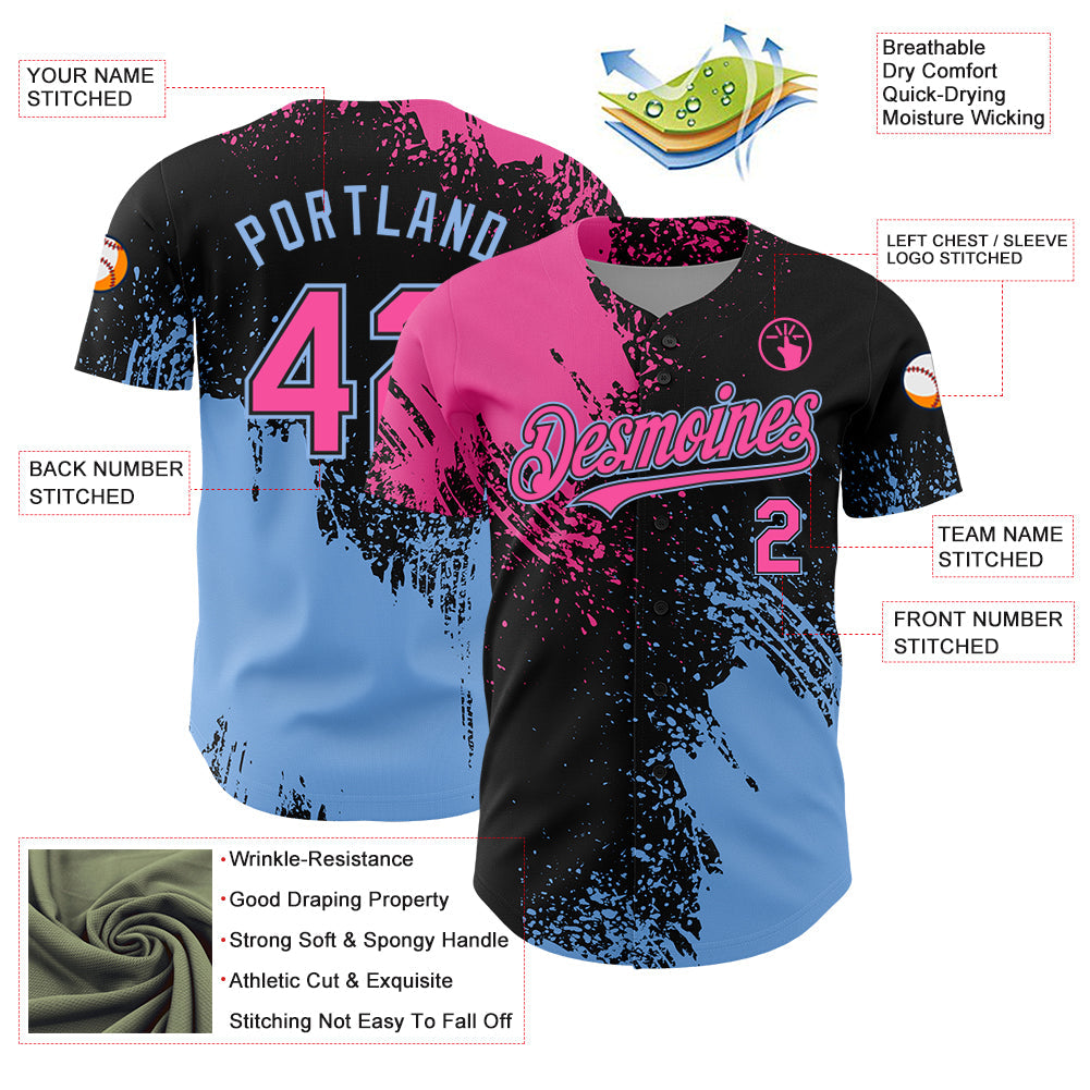 Custom Pink Black-Light Blue 3D Pattern Design Abstract Brush Stroke Authentic Baseball Jersey view 3