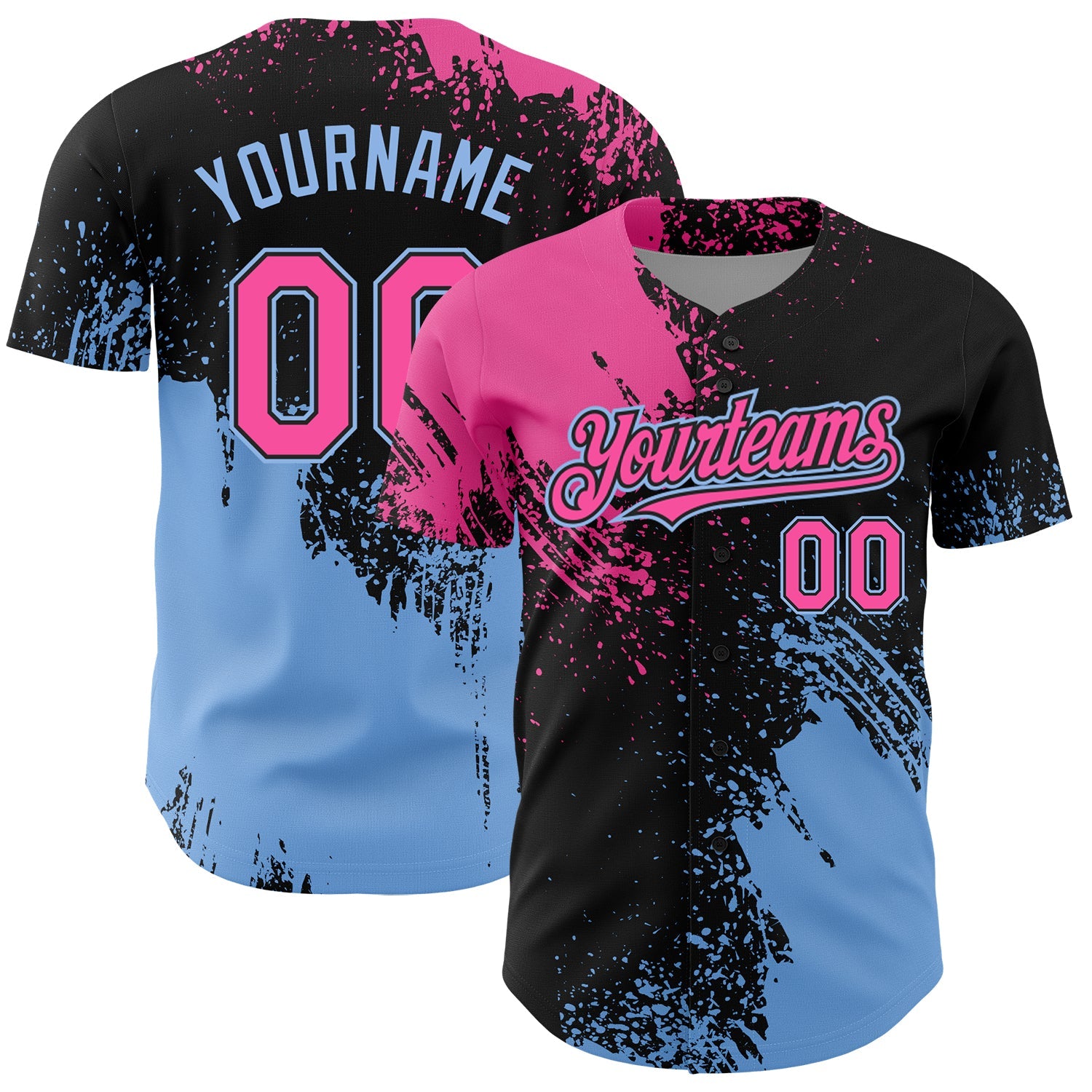 Custom Pink Black-Light Blue 3D Pattern Design Abstract Brush Stroke Authentic Baseball Jersey - Main View