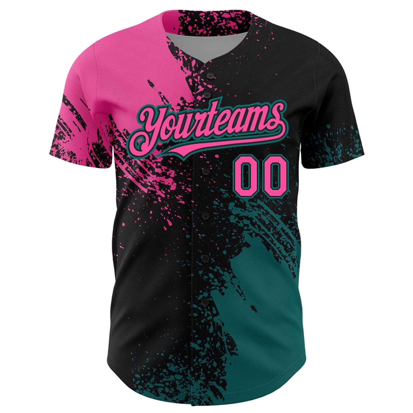 Custom Pink Black-Teal 3D Pattern Design Abstract Brush Stroke Authentic Baseball Jersey view 2