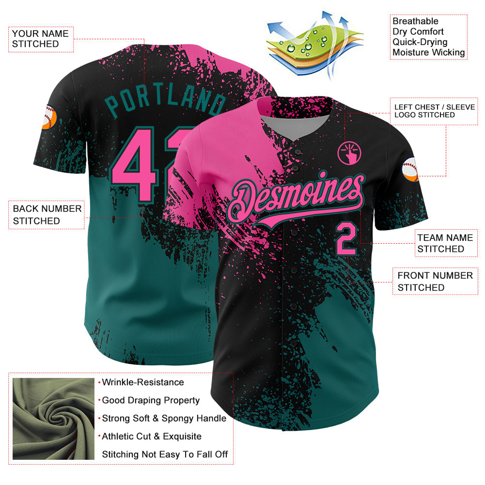 Custom Pink Black-Teal 3D Pattern Design Abstract Brush Stroke Authentic Baseball Jersey view 3
