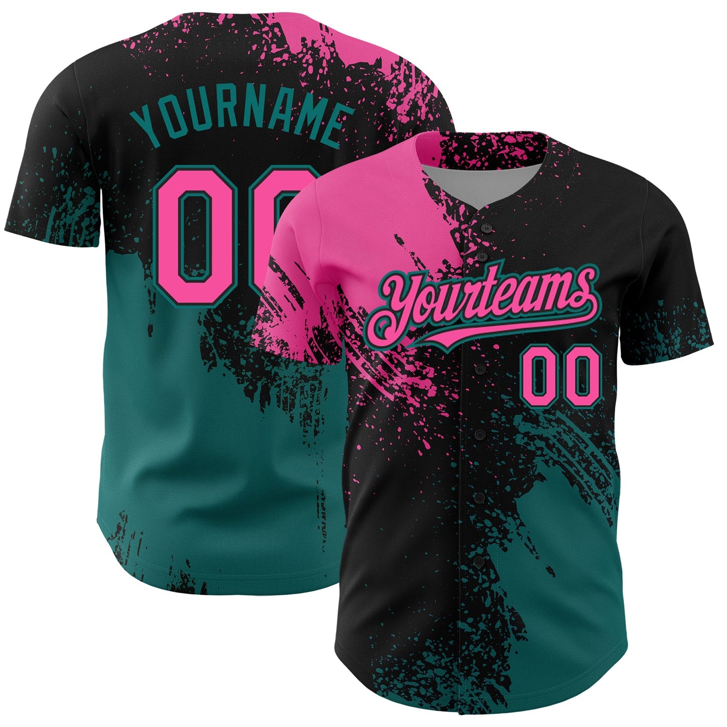 Custom Pink Black-Teal 3D Pattern Design Abstract Brush Stroke Authentic Baseball Jersey - Main View