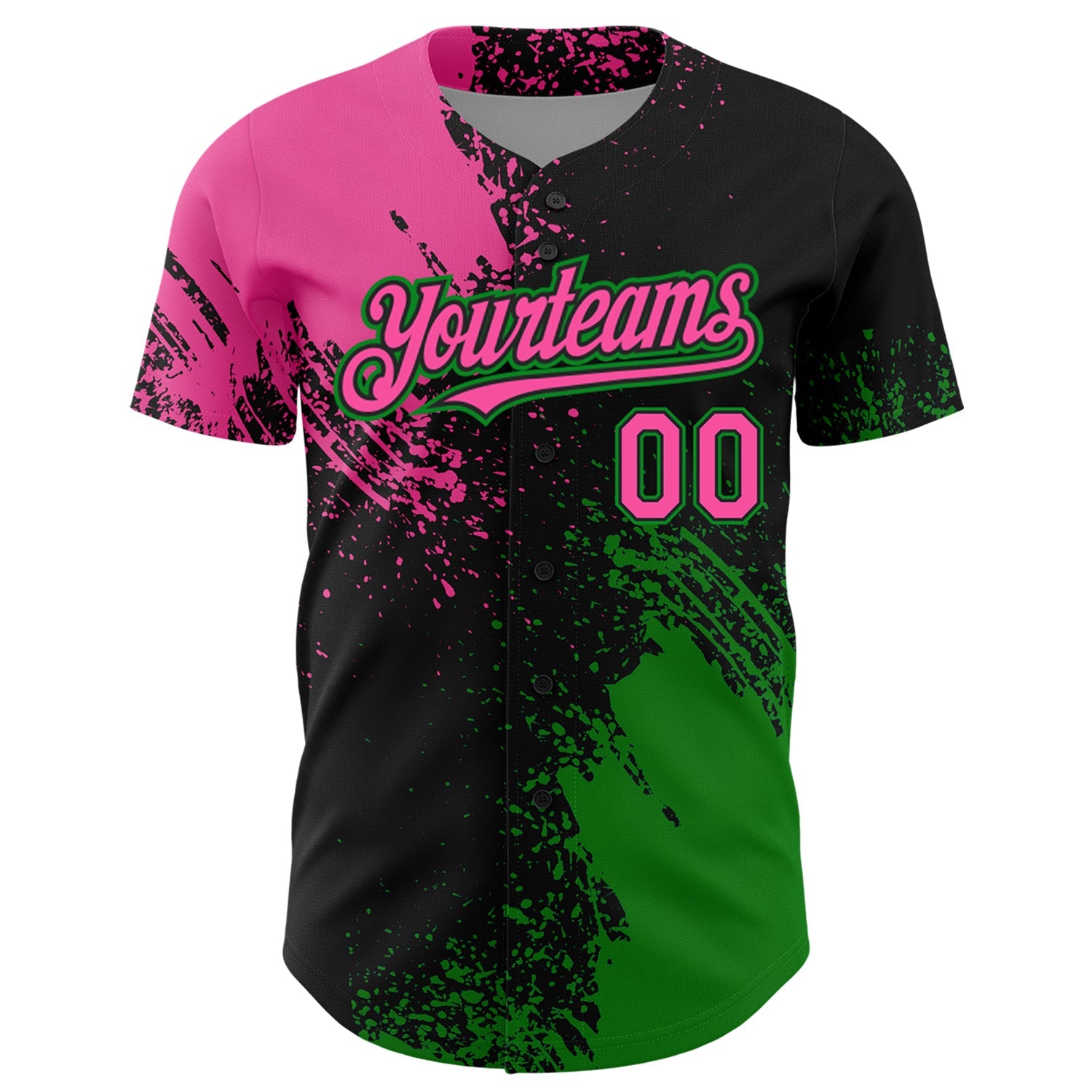 Custom Pink Black-Grass Green 3D Pattern Design Abstract Brush Stroke Authentic Baseball Jersey view 2